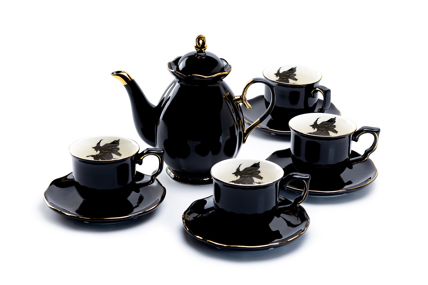 Black Gold Scallop Teapot + 4 Flying Witch Tea Cup and Saucer Sets