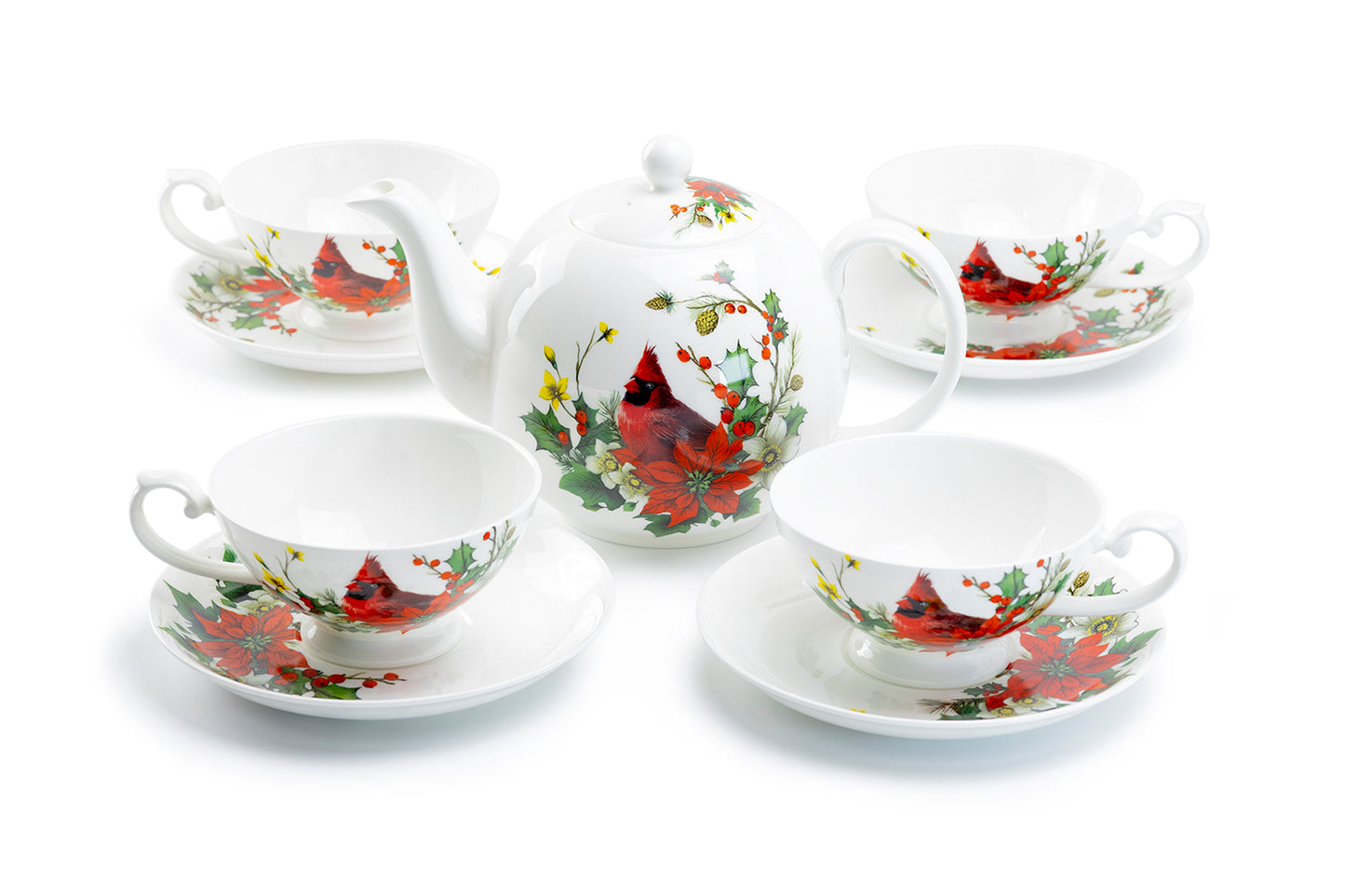 Gracie Bone China Cardinal Poinsettia 9-piece Tea Set