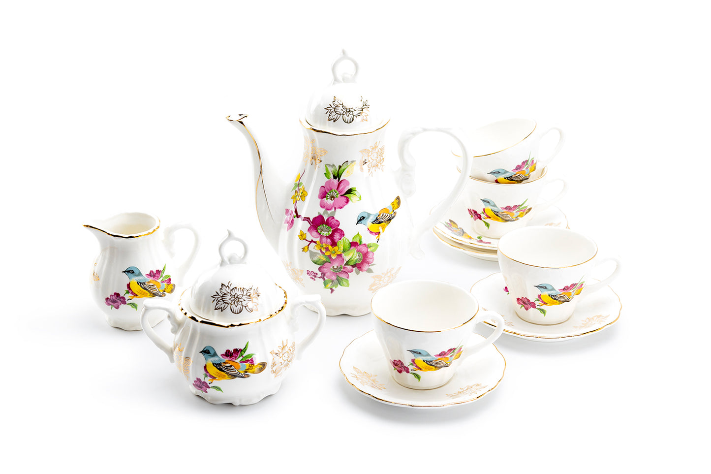 Grace Teaware Floral Bird Fine Porcelain 11-Piece Children's Tea Set with Gift Box