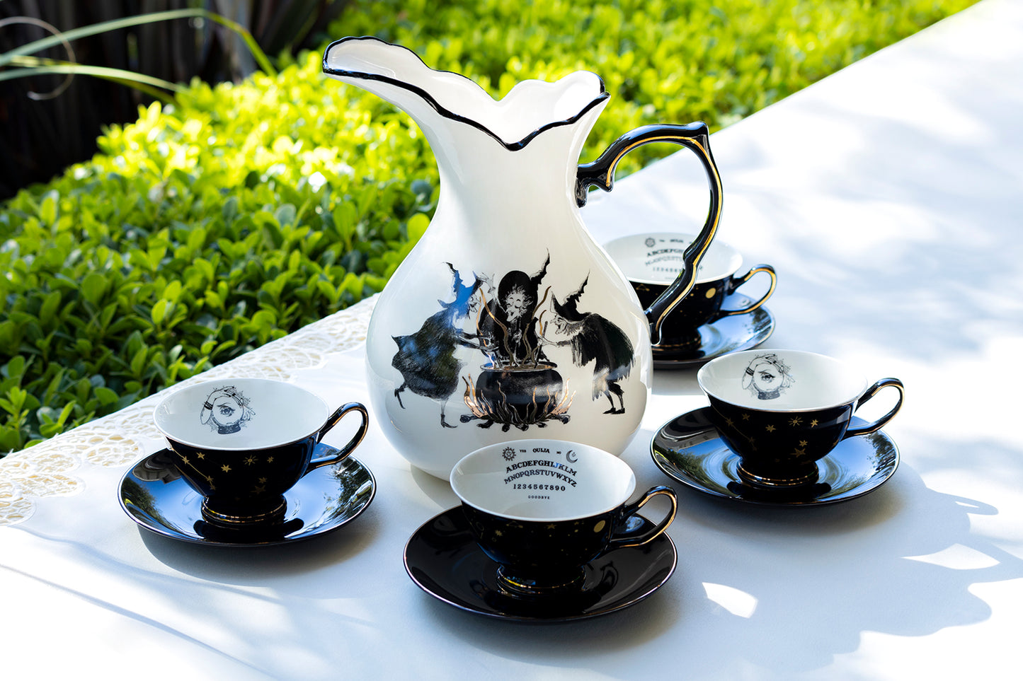 Witches Brew Pitcher + 4 Assorted Halloween Tea Cup and Saucer Sets - Ouija & Witchy Crystal Ball