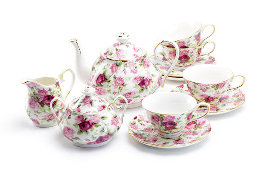 Grace Teaware Pink Summer Rose Fine Porcelain 11-Piece Tea Set