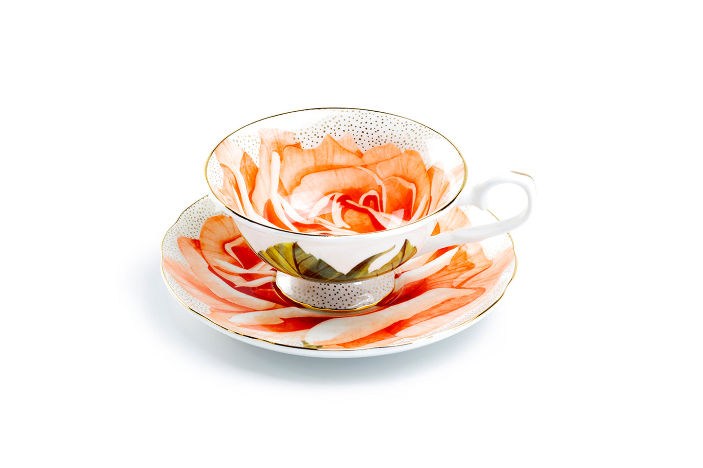 Stechcol Gracie Bone China Orange Rose Gold Dots Bone China Tea Cup and Saucer