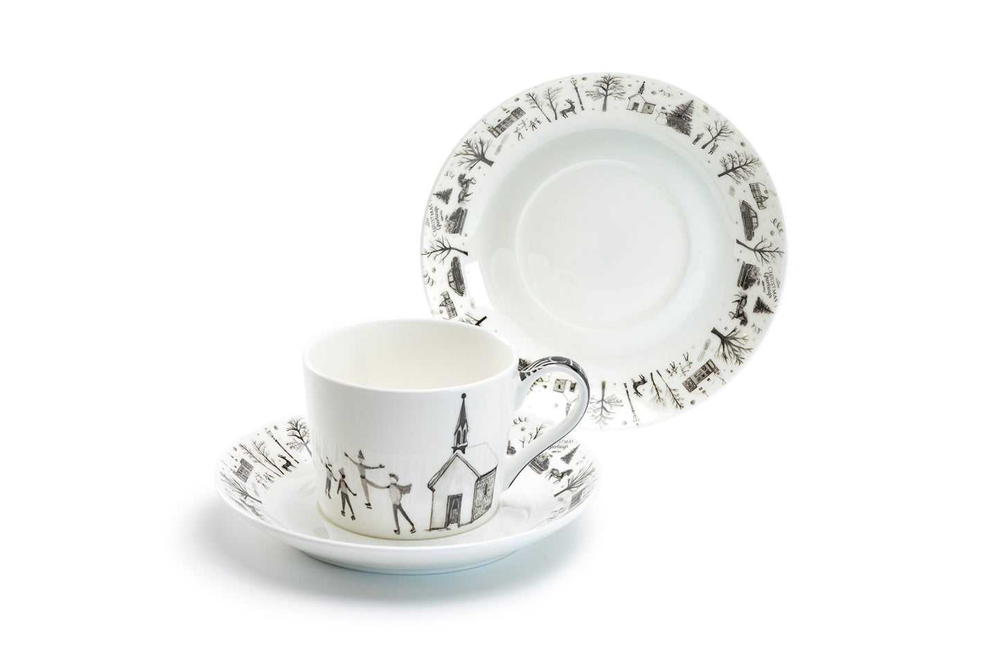 Stechcol Gracie Bone China Winter Wonderland Ski Village Bone China Tea Cup and Saucer set