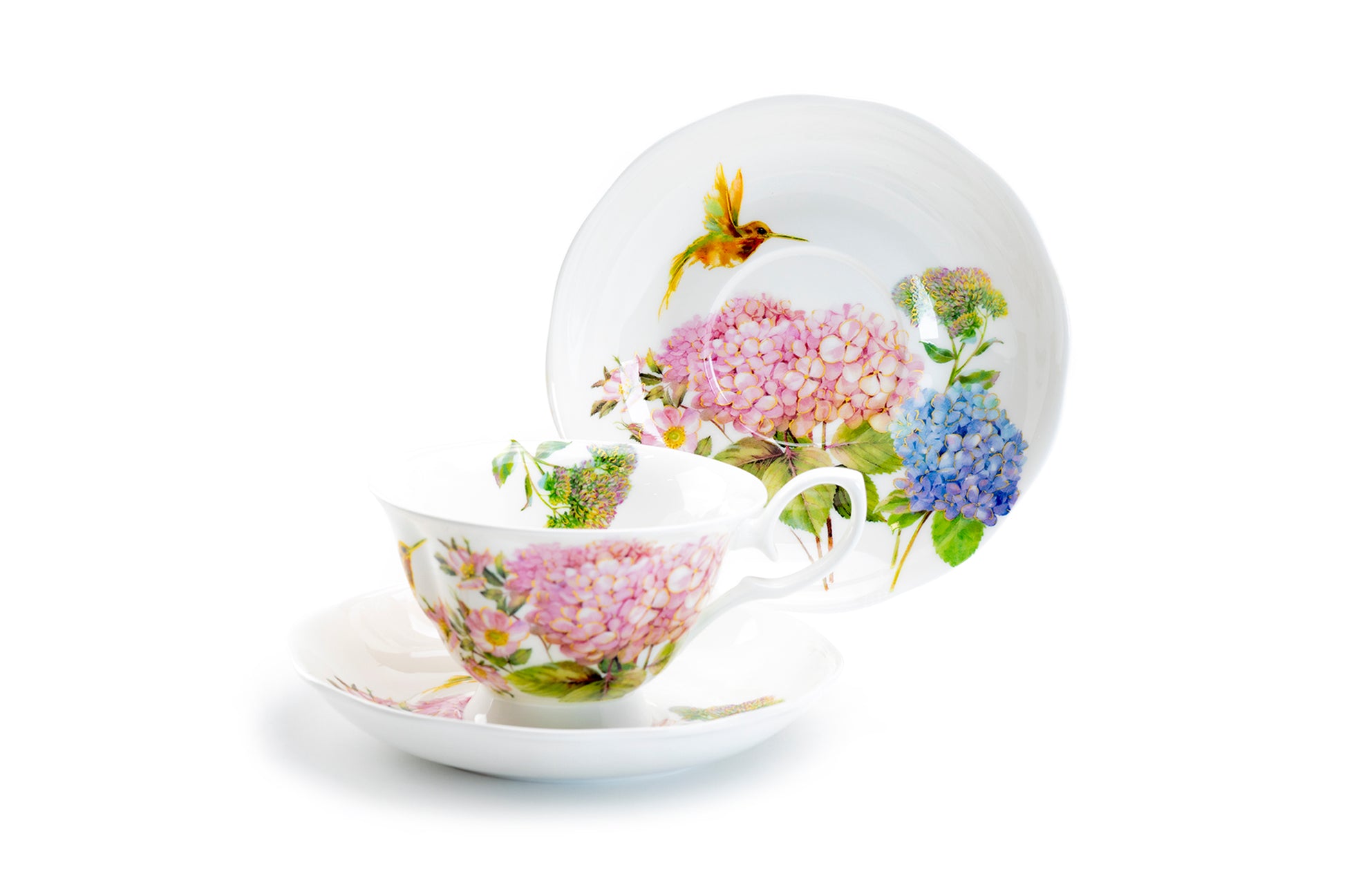 Stechol Gracie Bone China Hydrangea with Hummingbird Bone China Tea Cup and Saucer Set