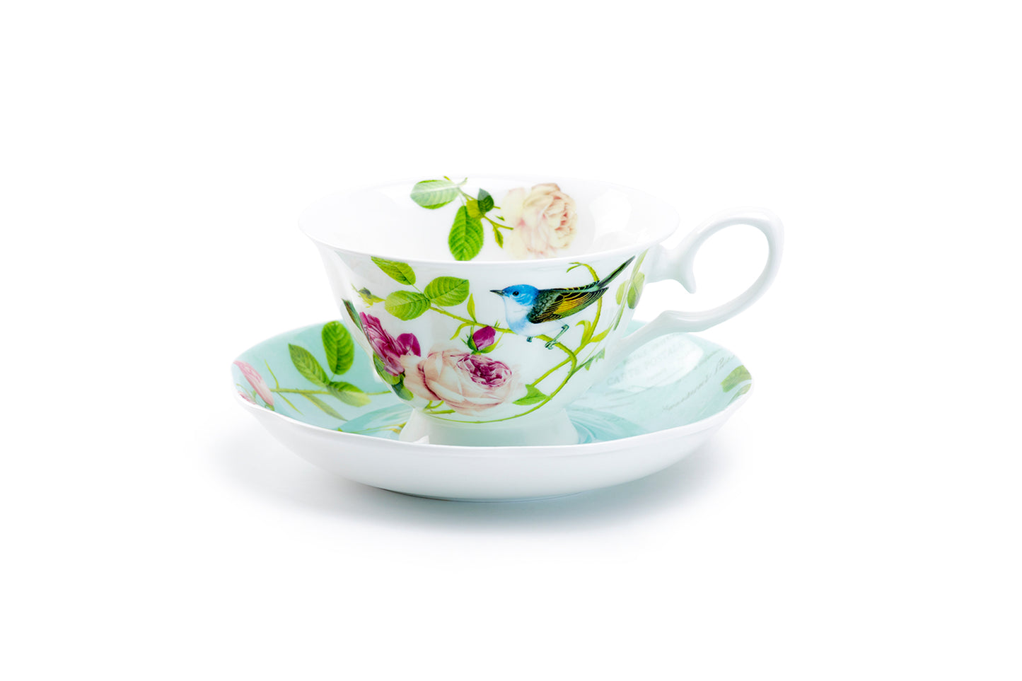 Stechcol Gracie Bone China Blue Jay Pink Rose Bone China Tea Cup and Saucer