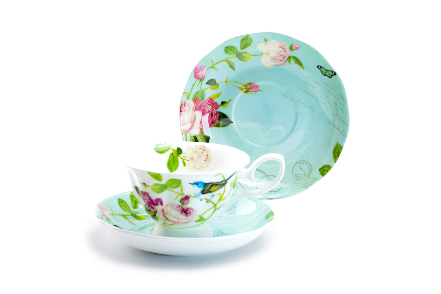 Stechcol Gracie Bone China Blue Jay Pink Rose Bone China Tea Cup and Saucer Set