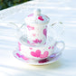 Grace Teaware Pink Hearts Glass Fine Porcelain Teapot Tea cup and saucer