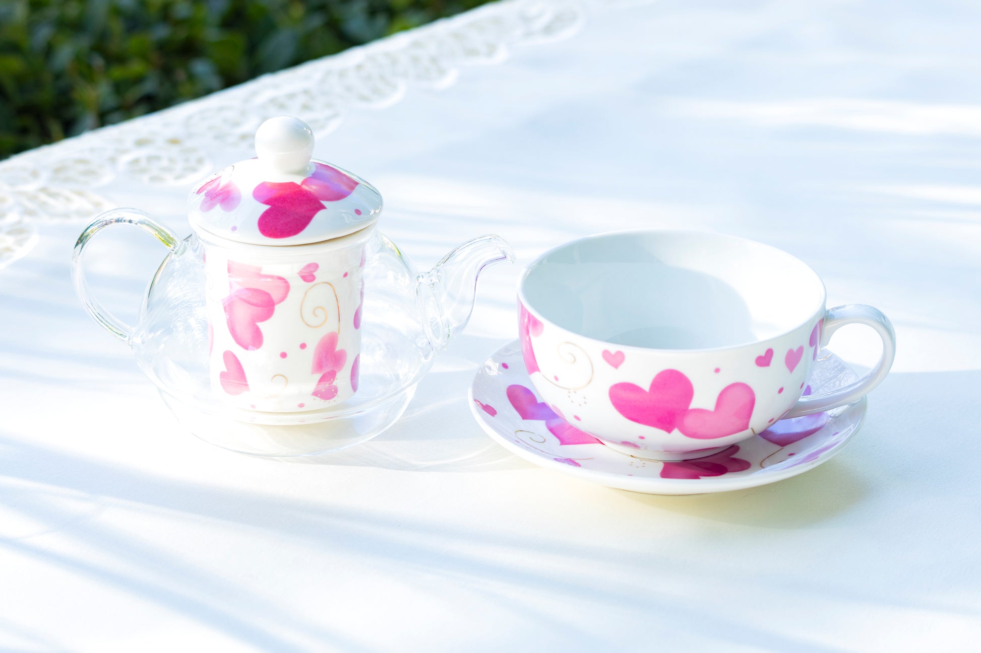Grace Teaware Pink Hearts Glass Fine Porcelain Tea For One Valentines Day Tea Set