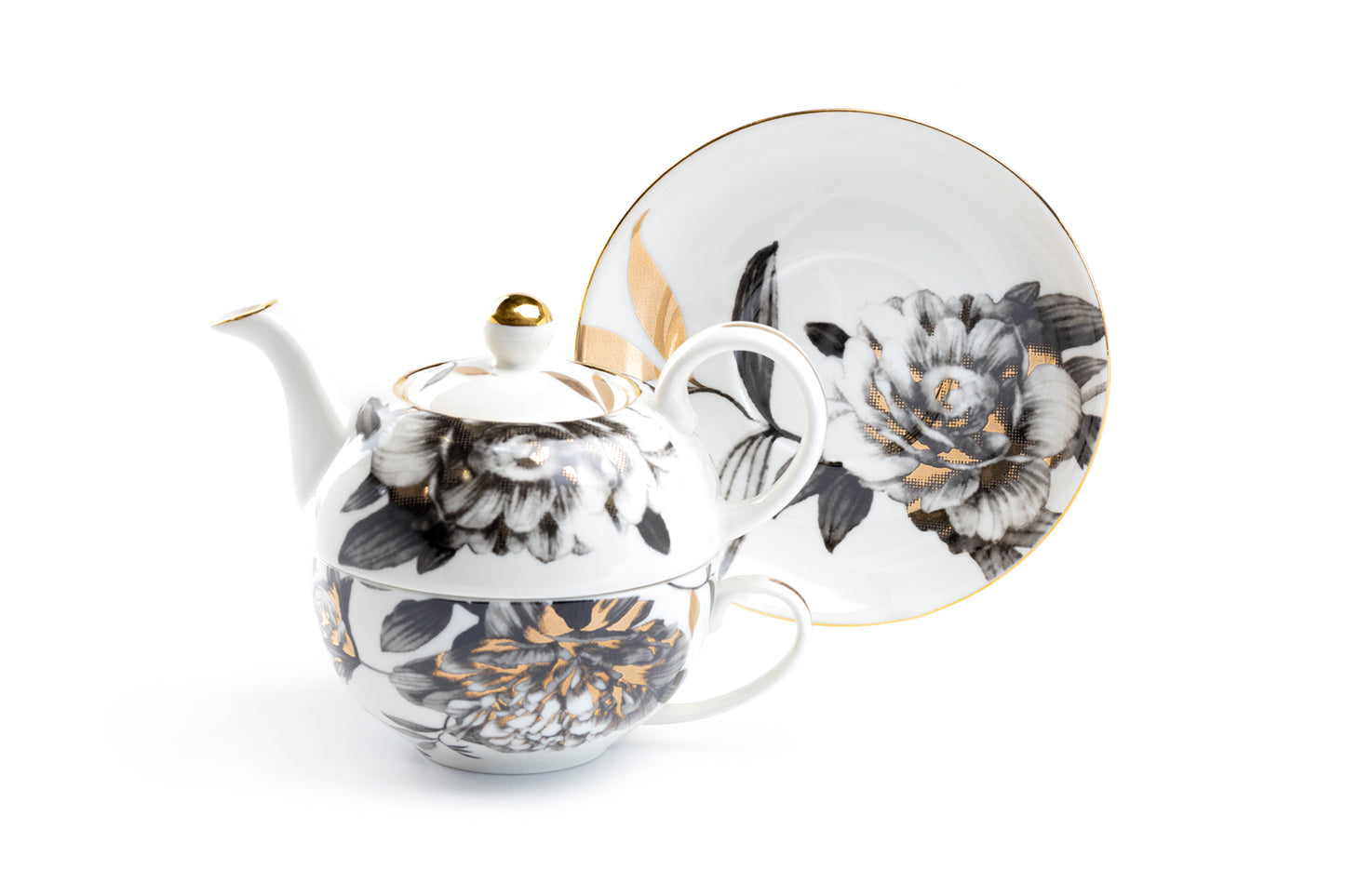 Grace Teaware Black Gold Peony Fine Porcelain Tea For One Set