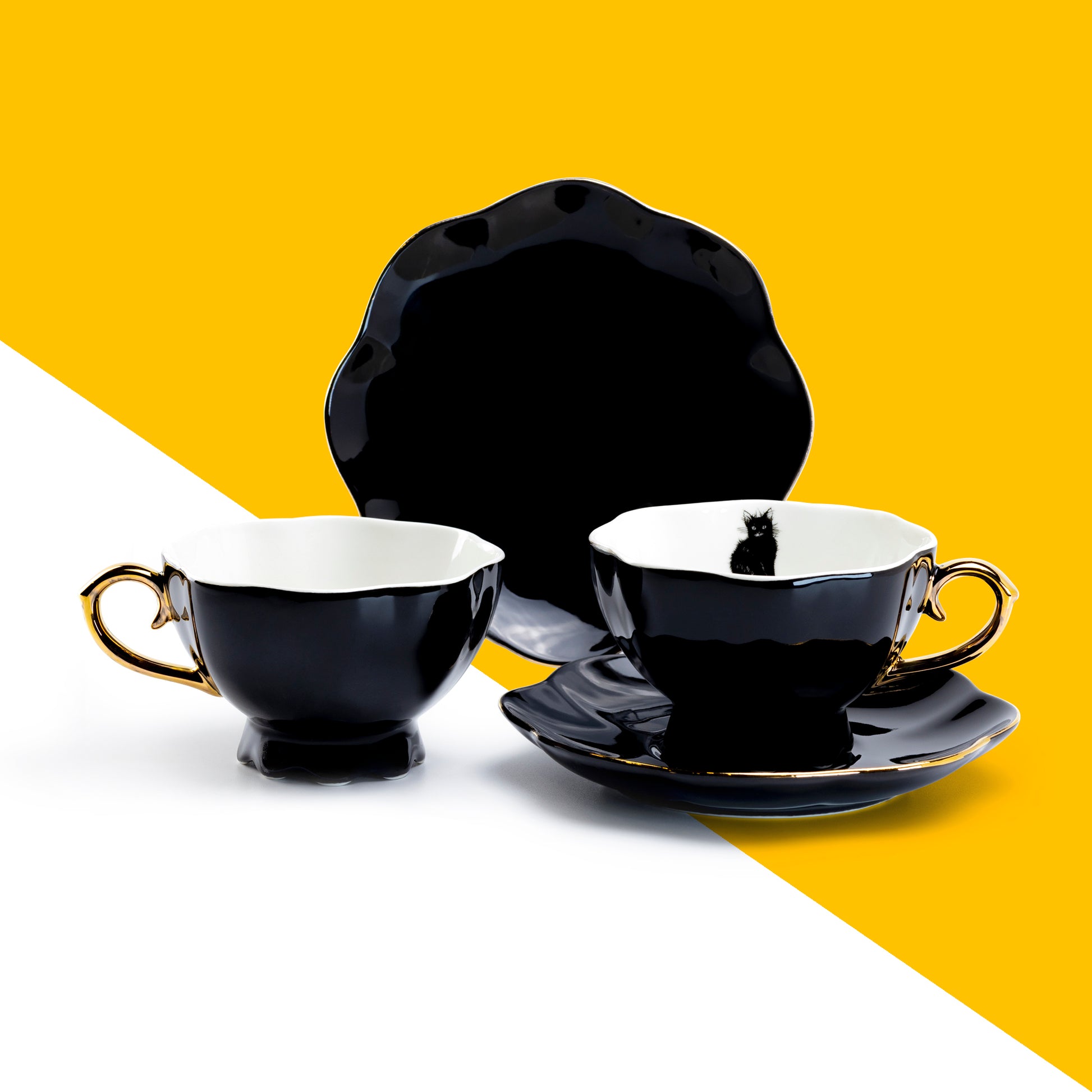 Black Cat Tea Cup and Saucer Set of 2