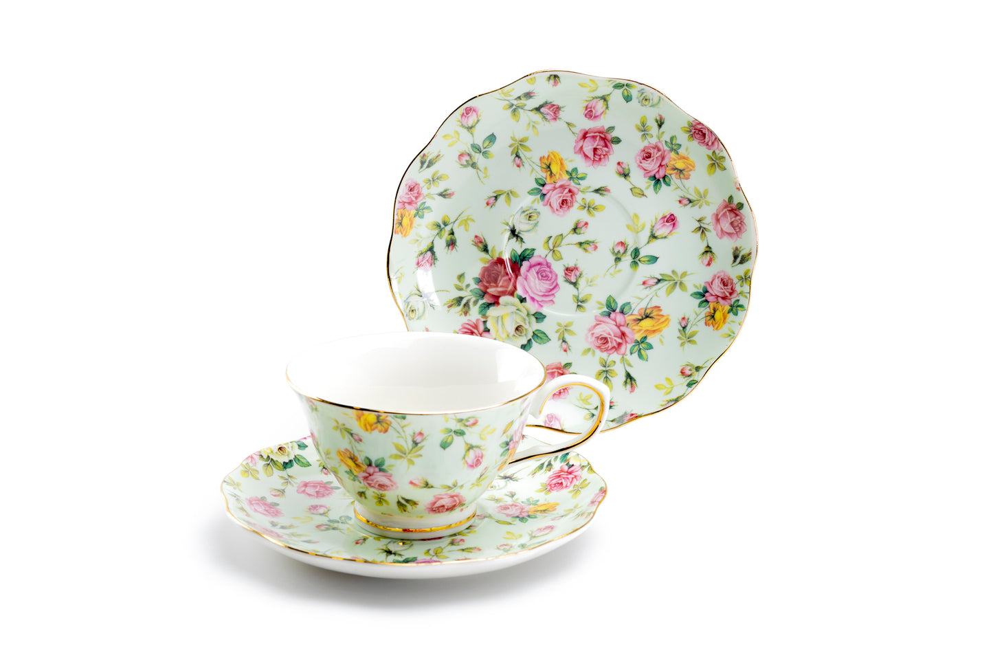 Blue Cottage Rose Chintz Fine Porcelain Tea Cup and Saucer