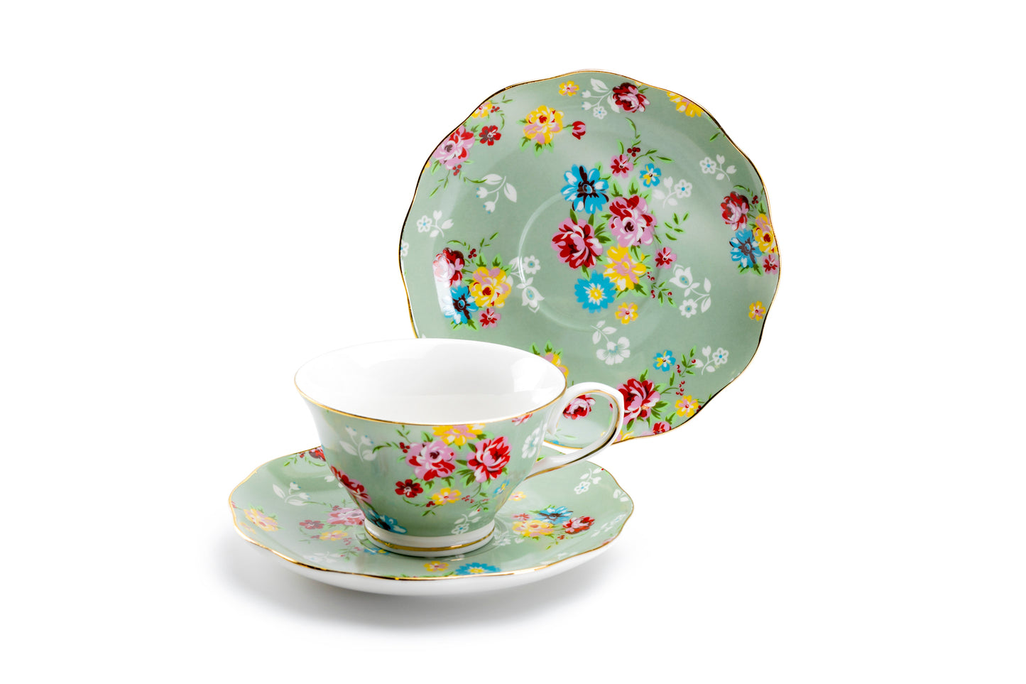 Grace Teaware Green Shabby Rose Fine Porcelain Tea Cup and Saucer Set