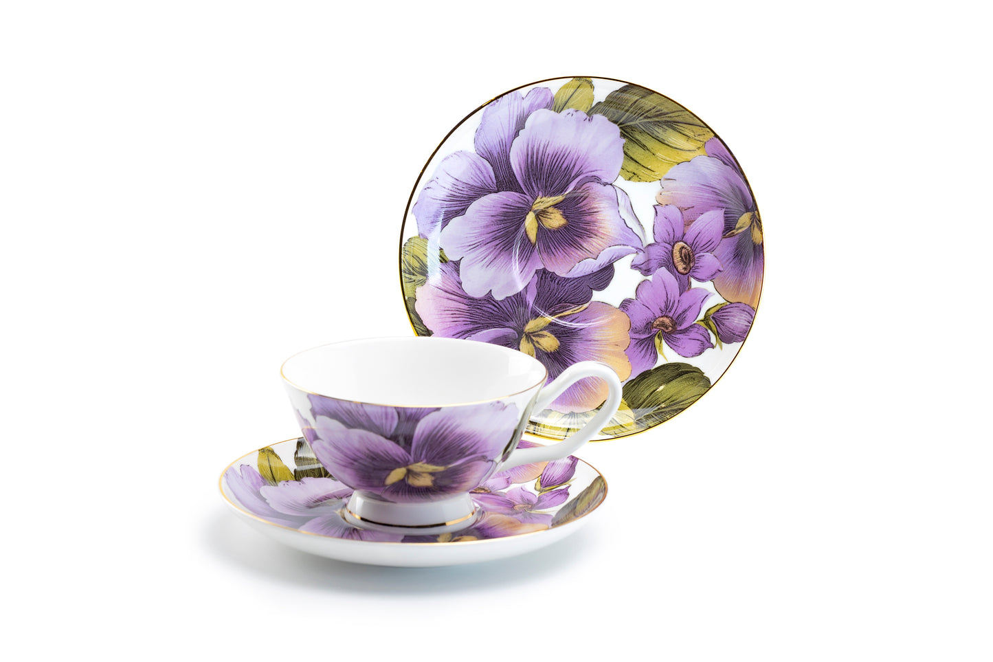 Stechcol Gracie Bone China Purple Gold Pansy Bone China Tea Cup and Saucer set