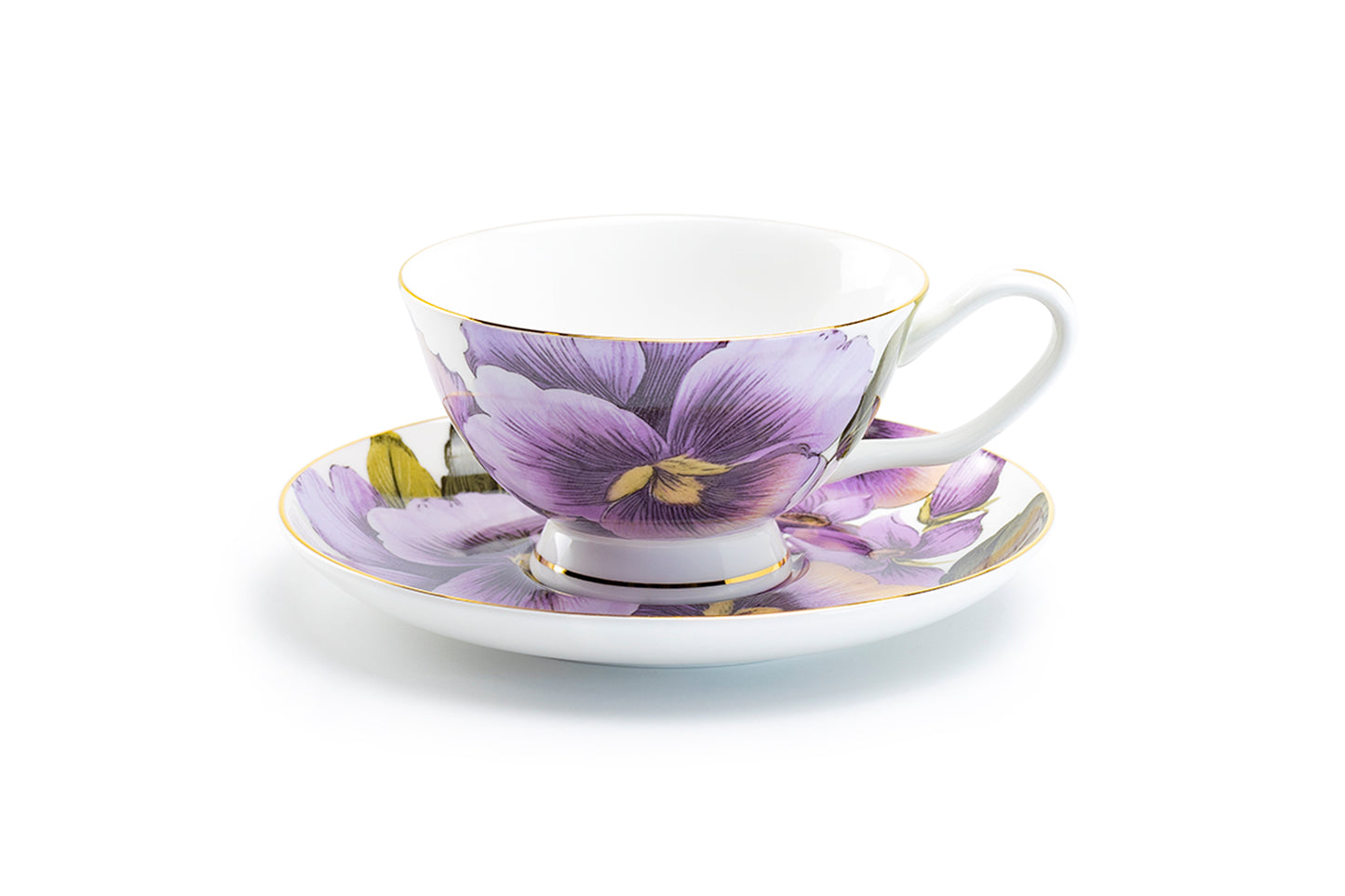 Stechcol Gracie Bone China Purple Gold Pansy Bone China Tea Cup and Saucer