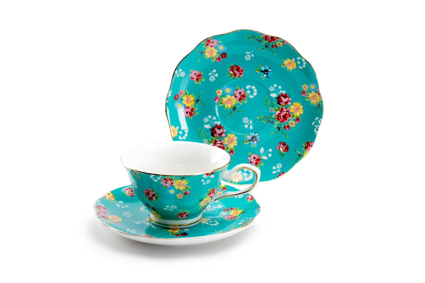 Grace Teaware Turquoise Shabby Rose Fine Porcelain Tea Cup and Saucer Set