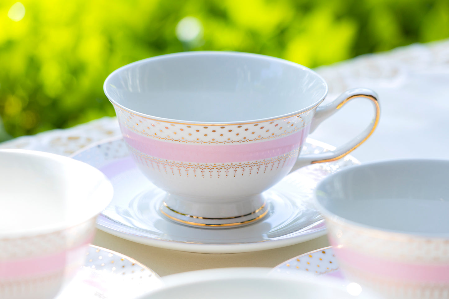 Pink Stripe with Gold Dots Fine Porcelain Tea Cup and Saucer