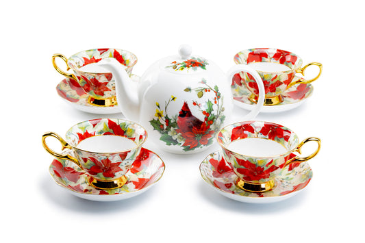 Stechcol Gracie Bone China Cardinal Poinsettia Gold 9-piece Tea Set
