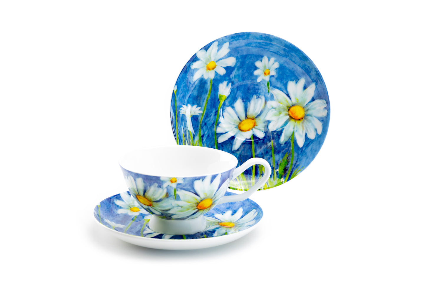 Stechcol Gracie Bone China Daisy with Pastel Blue Bone China Tea Cup and Saucer Set