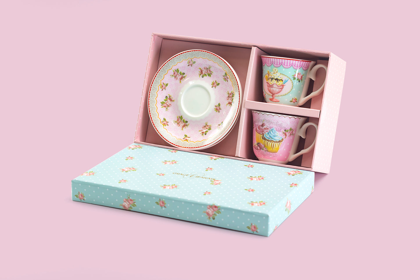 Pink Sweetie 2.7oz Espresso Cups and Saucers with Gift Box