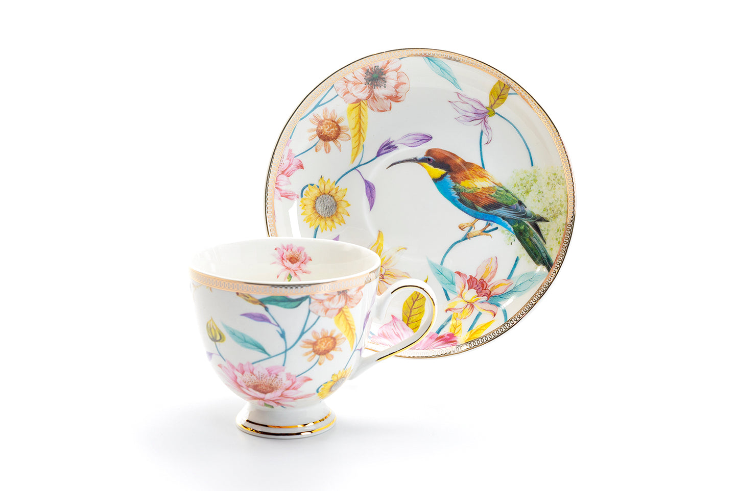 Grace Teaware White Spring Flowers with Hummingbird Fine Porcelain Tea Cup and Saucer