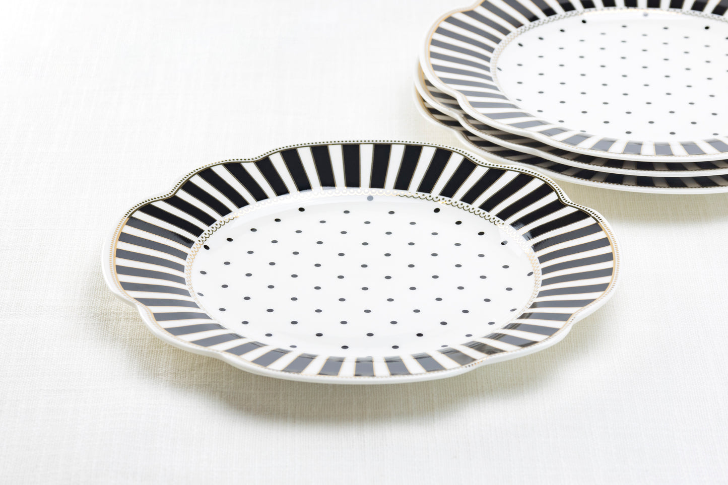 Black Josephine Stripes and Dots Fine Porcelain Dessert / Dinner Plate