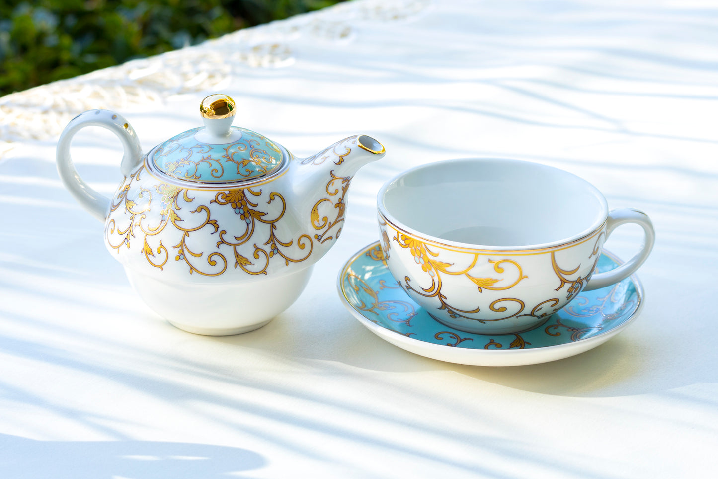 Grace Teaware Mint Aqua Gold Scroll Fine Porcelain Tea For One Set