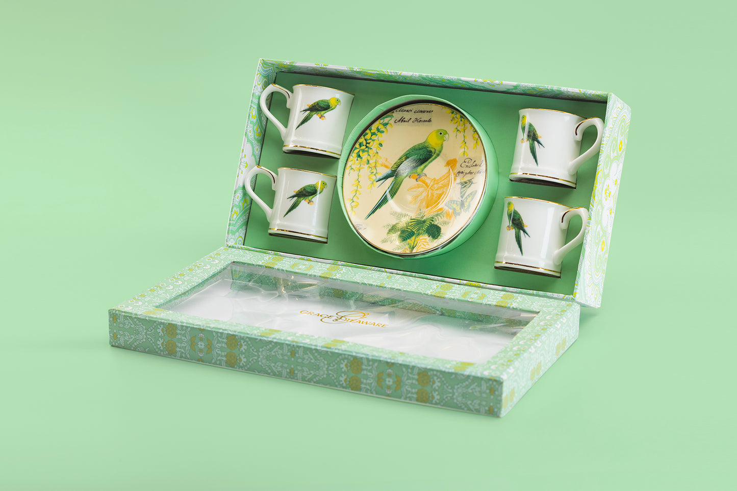 Tropical Parrot 2.5oz Espresso Cups and Saucers with Gift Box