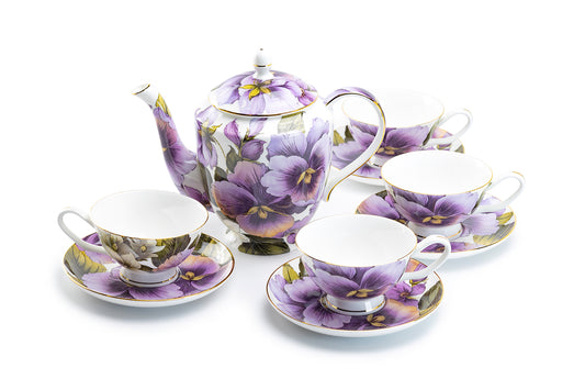 Stechcol Gracie Bone China Purple Gold Pansy Bone China 9-Piece Tea Set