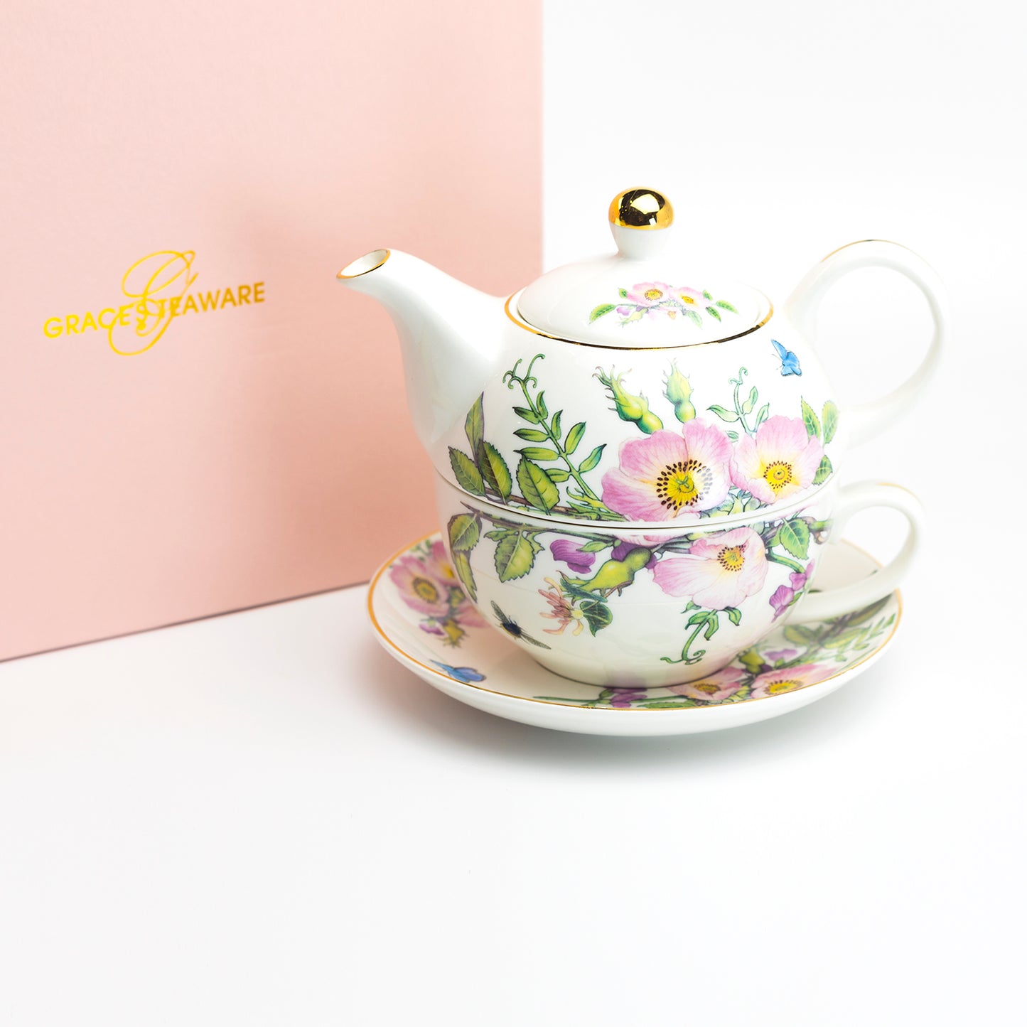 Pink Hollyhock Fine Porcelain Tea For One Set