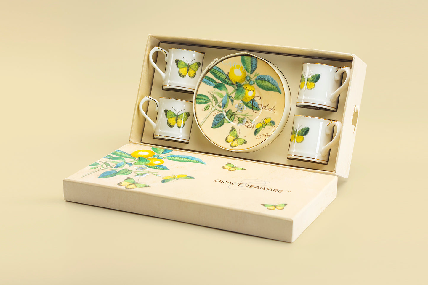 Lemon Butterfly 2.5oz Espresso Cups and Saucers with Gift Box