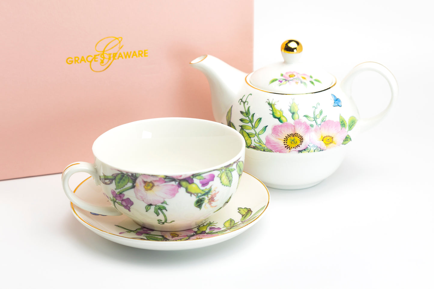 Pink Hollyhock Fine Porcelain Tea For One Set
