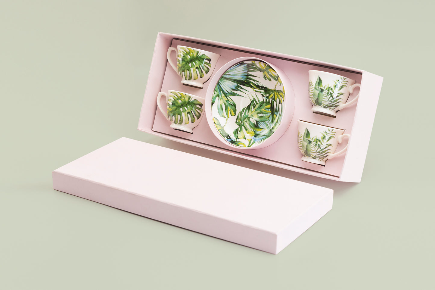 Tropical Leaves 2oz Espresso Cups and Saucers with Gift Box