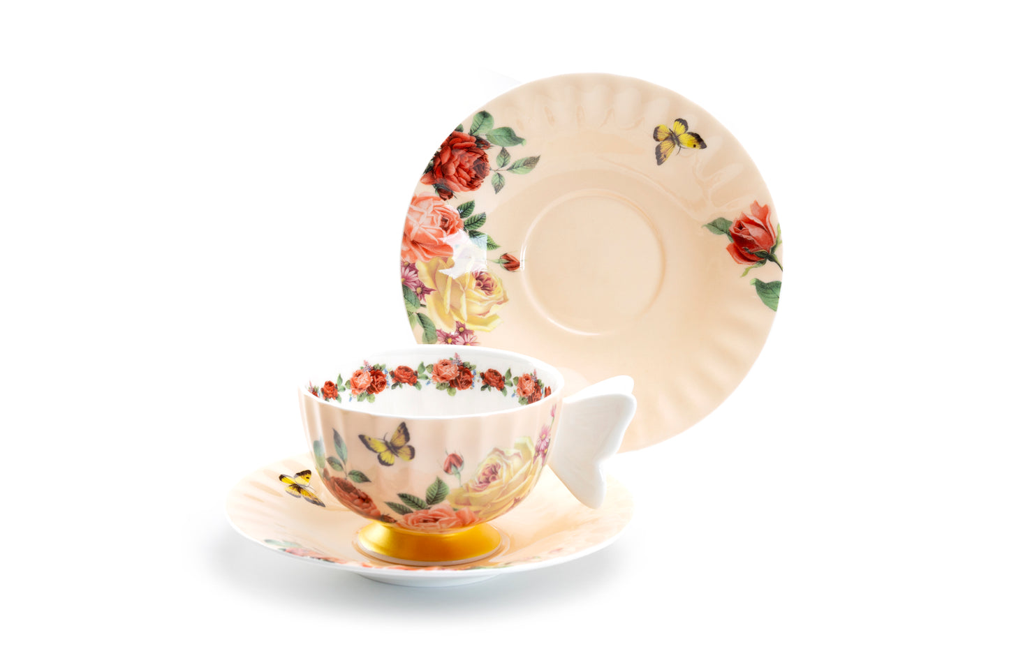 Stechcol Gracie Bone China Rose Butterfly Tea Cup and Saucer Set