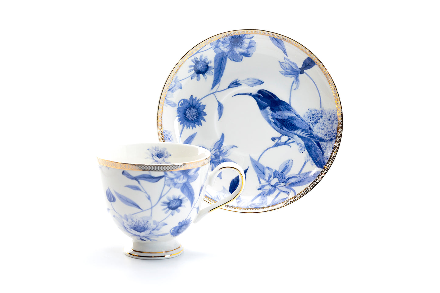 Grace Blue Spring Flowers with Hummingbird Fine Porcelain Tea Cup and Saucer
