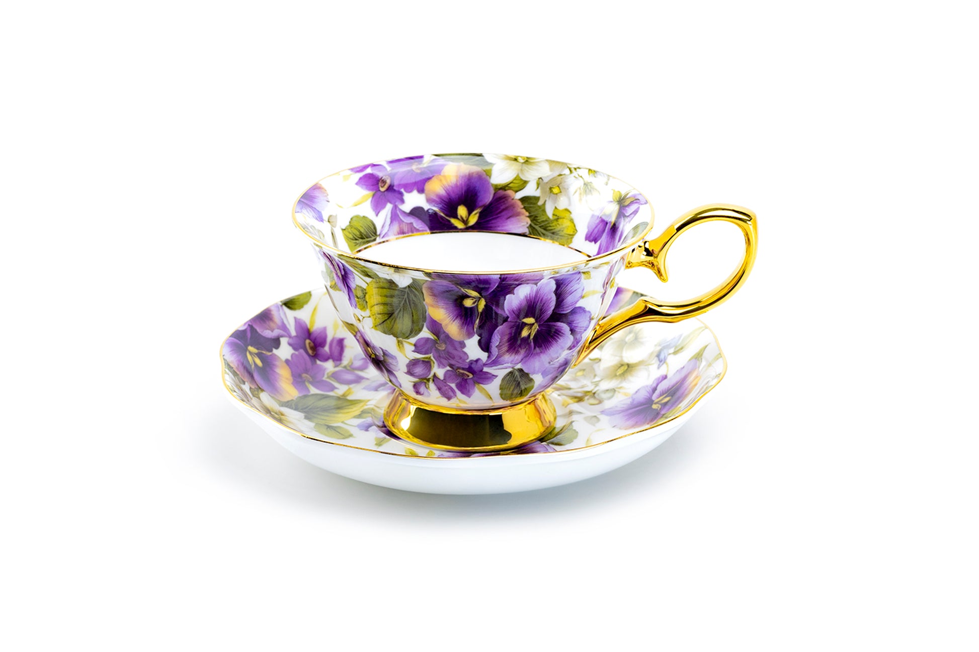 Stechcol Gracie Bone China Purple Pansy Gold Bone China Tea Cup and Saucer