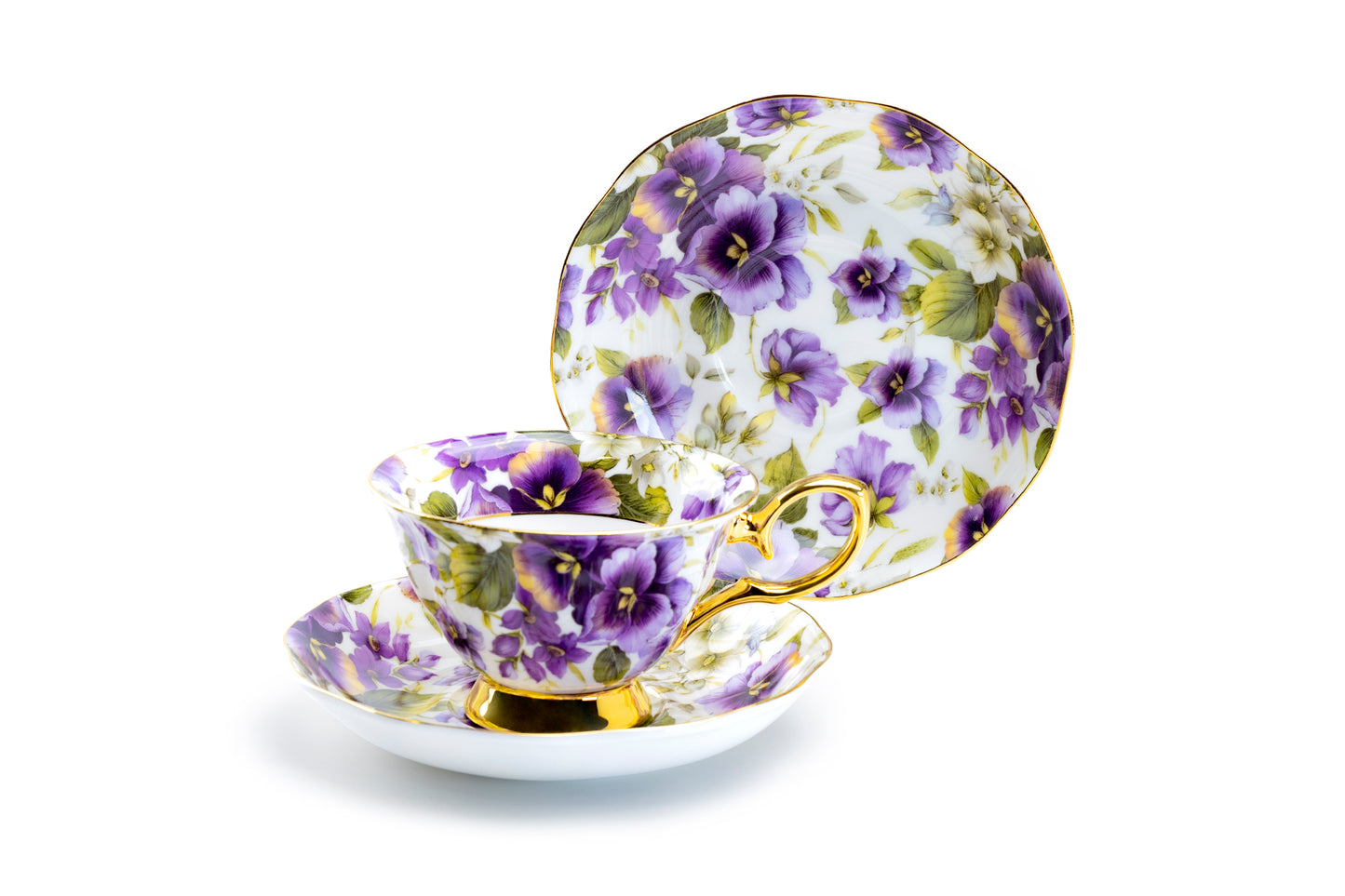 Stechcol Gracie Bone China Purple Pansy Gold Bone China Tea Cup and Saucer Set