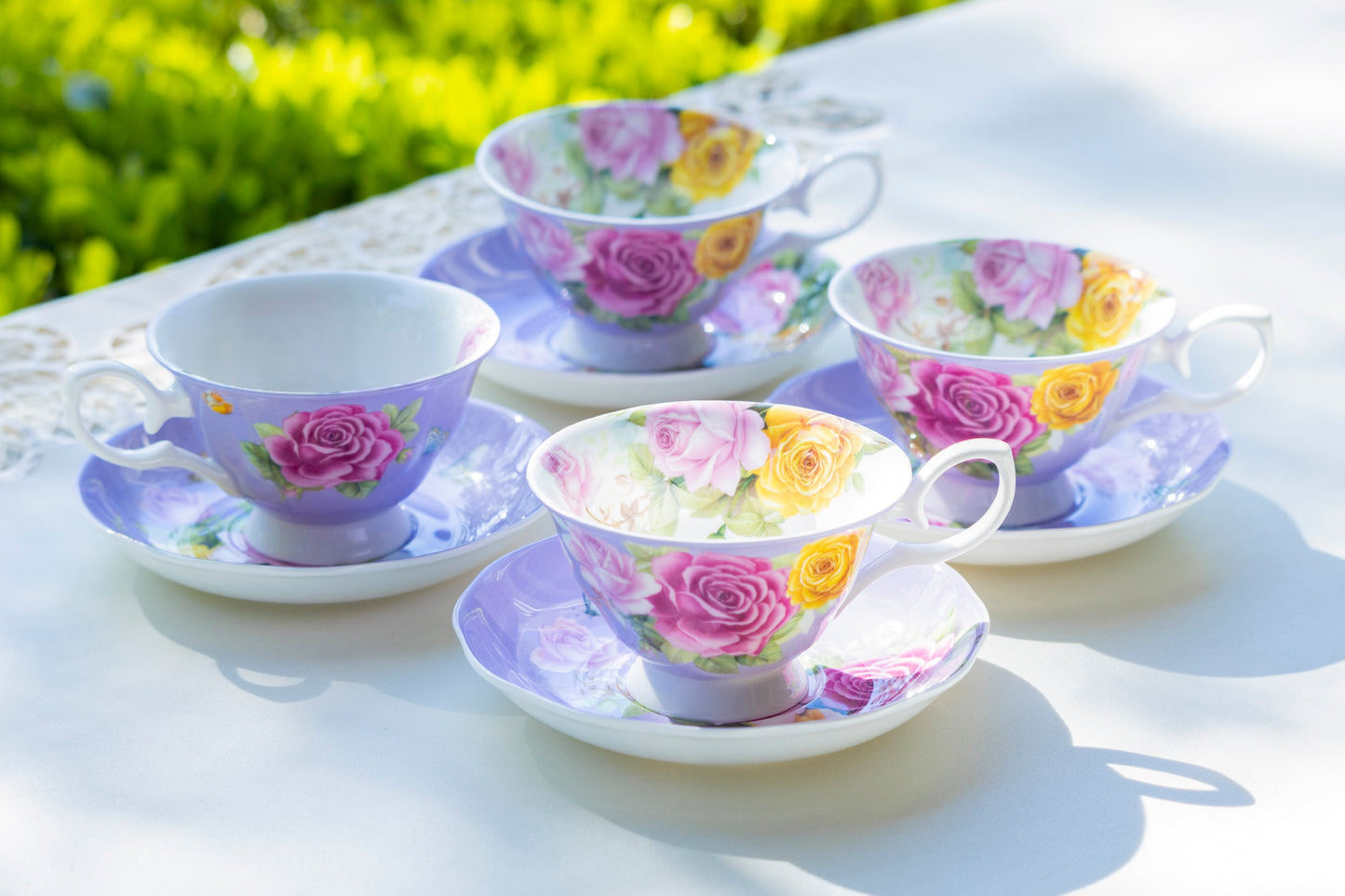 Rose Bouquet Purple Bone China Tea Cup and Saucer