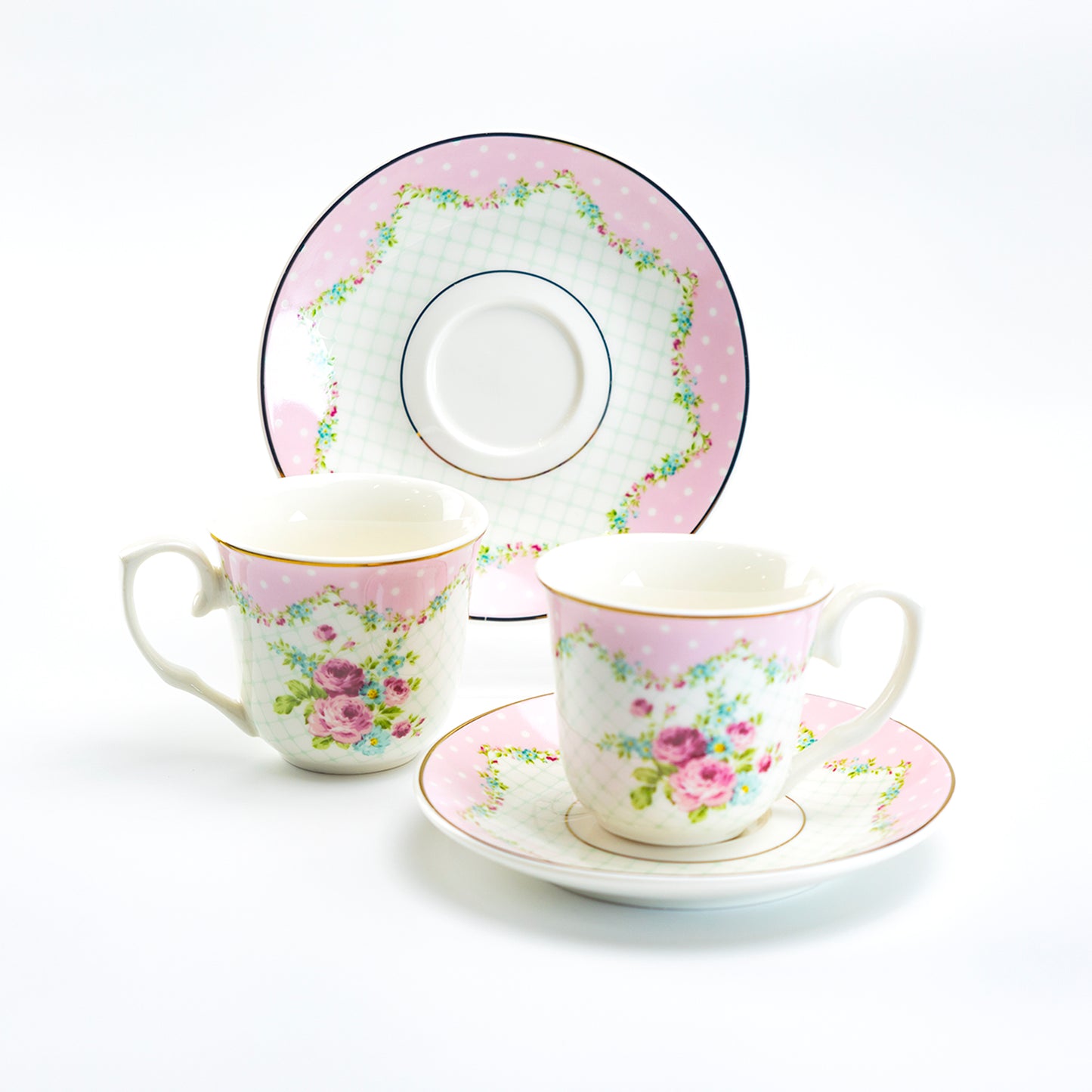 Pink Ashley Rose 2.7oz Espresso Cups and Saucers with Gift Box