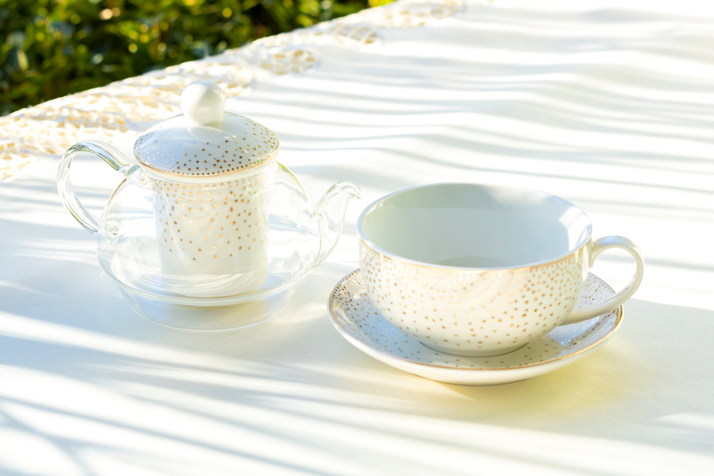 Grace Teaware Gold Dots Glass Fine Porcelain Teapot Tea cup and saucer set