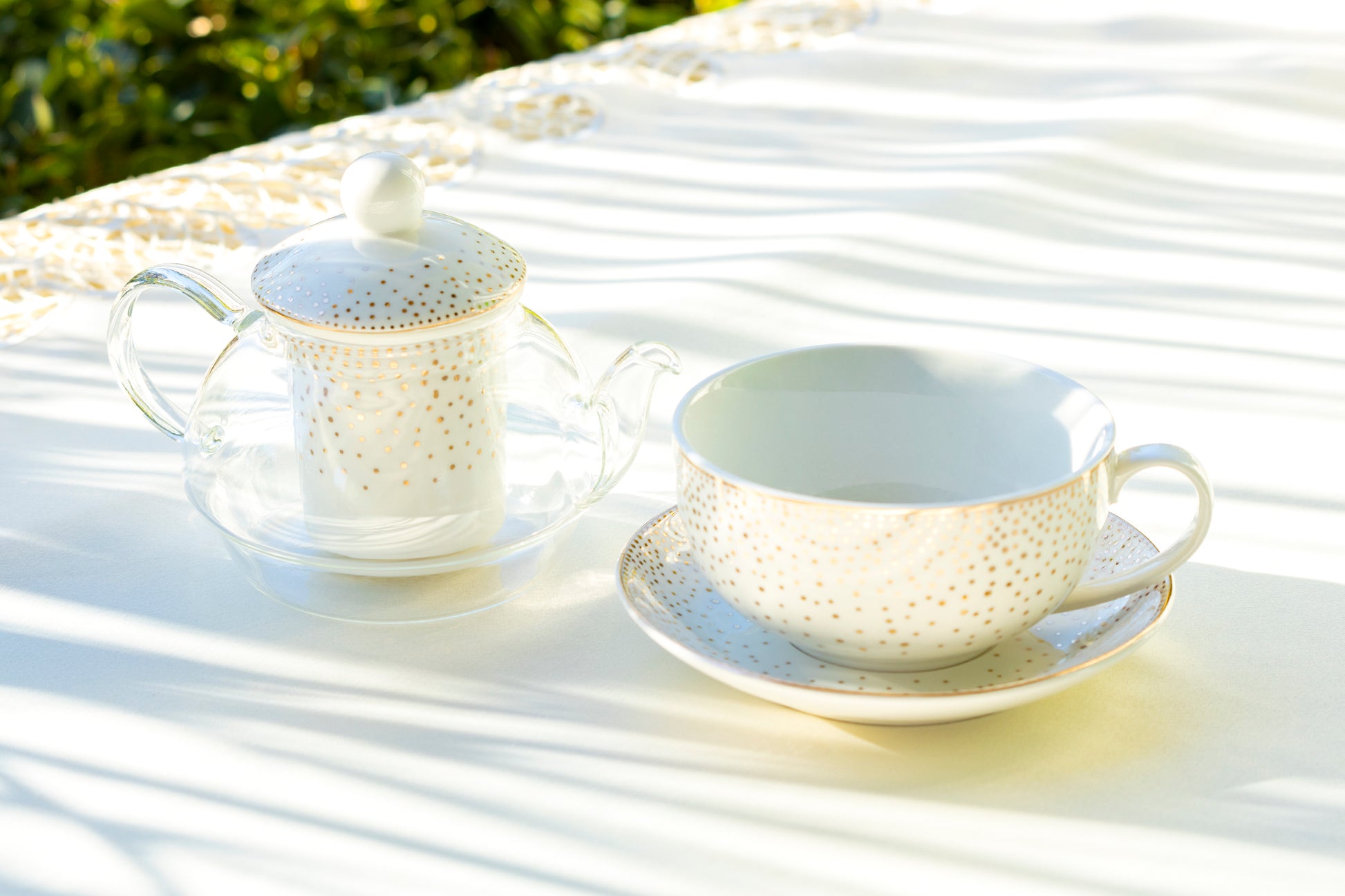 Grace Teaware Gold Dots Glass Fine Porcelain Teapot Tea cup and saucer set