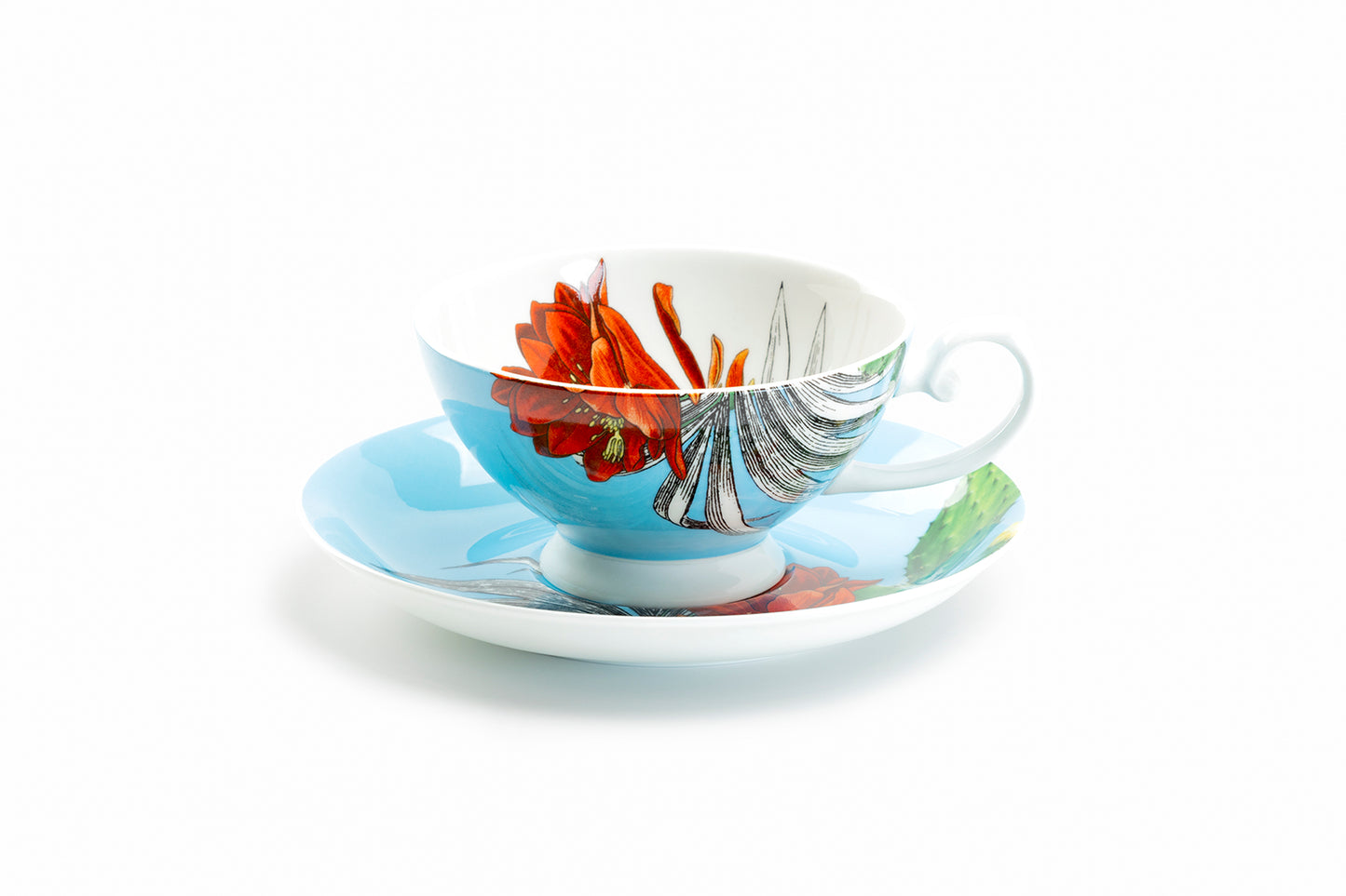 Stechcol Gracie Bone China Cactus Flower and Palm Leaf Bone China Tea Cup and Saucer