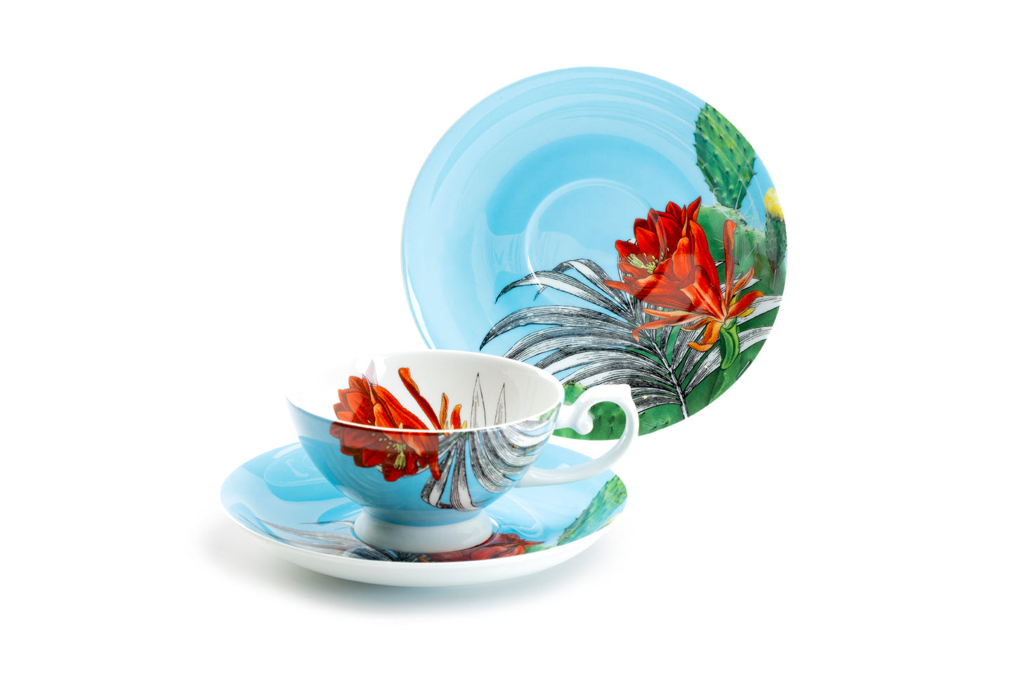Stechcol Gracie Bone China Cactus Flower and Palm Leaf Bone China Tea Cup and Saucer Set