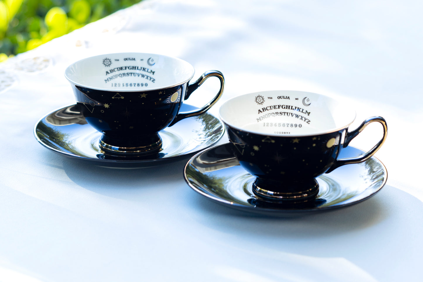 Grace Teaware Halloween Ouija Astrology Black Gold Tea Cup and Saucer Set of 2