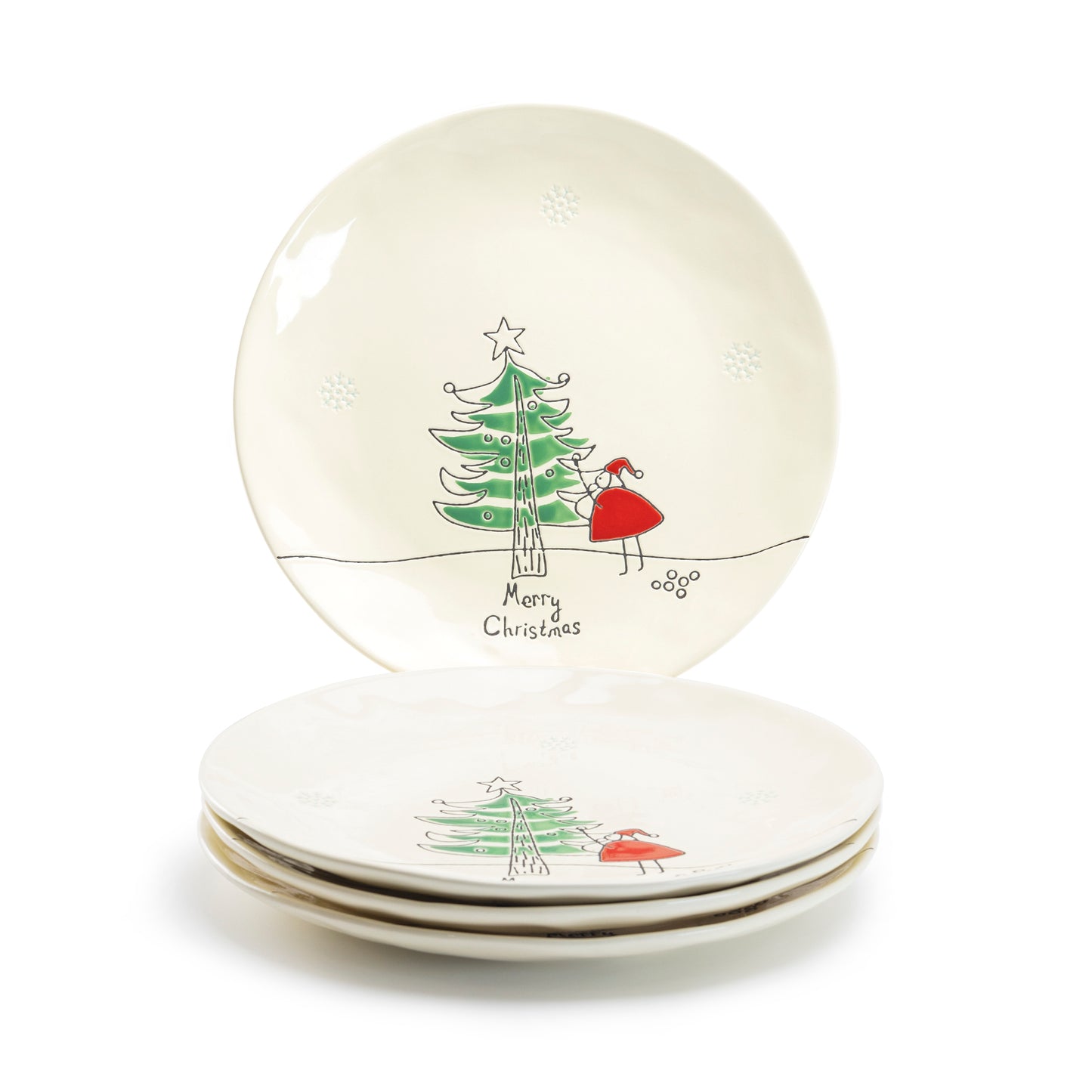 Potter's Studio 10.5" Organic Texture Santa Christmas Tree Dinner Plate Set of 4