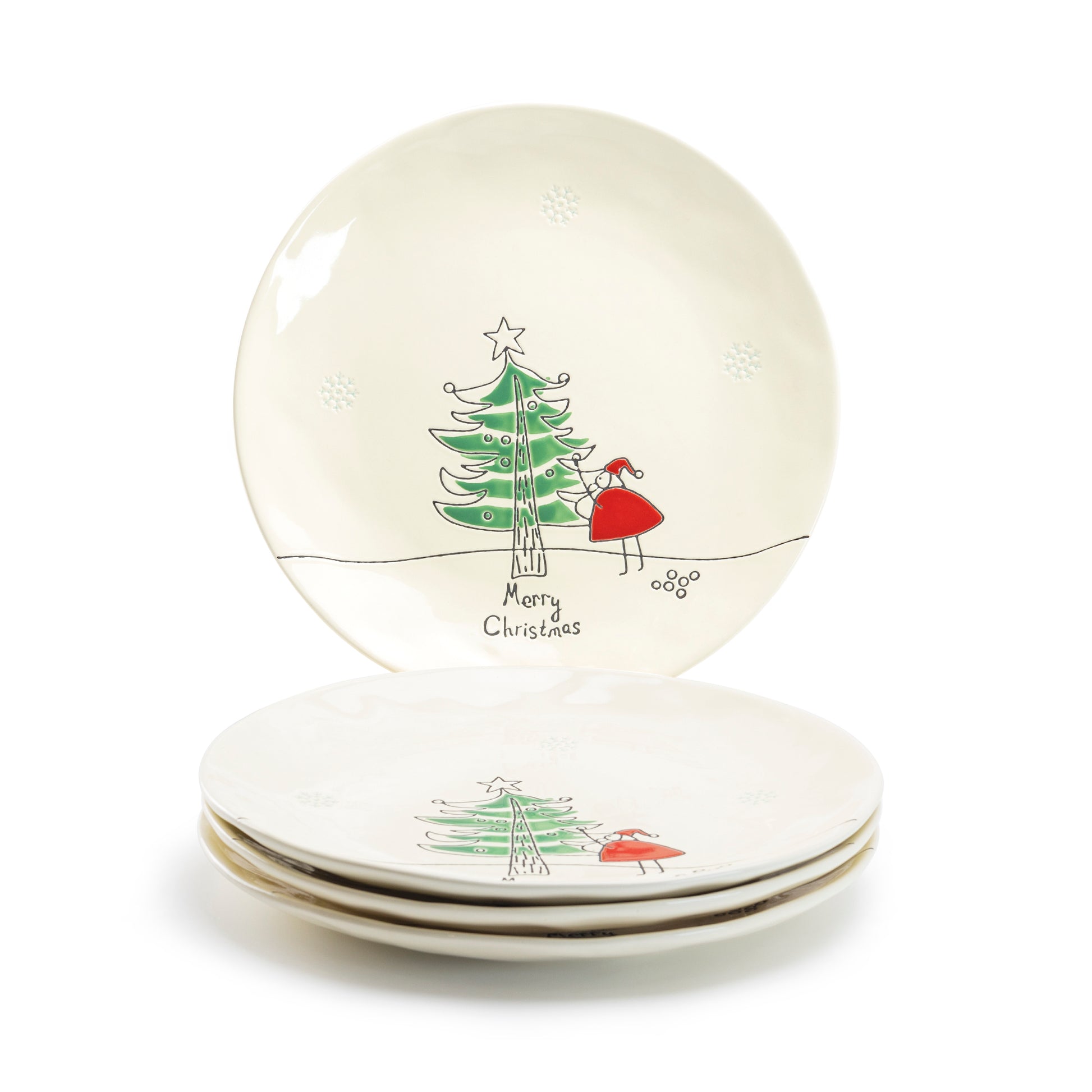 Potter's Studio 10.5" Organic Texture Santa Christmas Tree Dinner Plate Set of 4