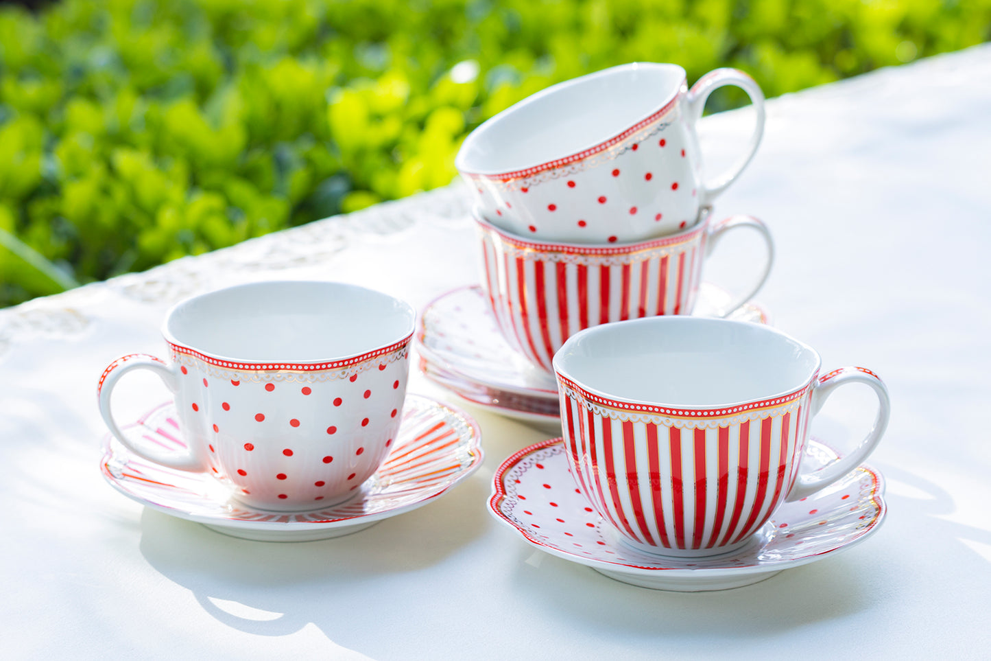 Grace Teaware Red Josephine Stripes and Dots Fine Porcelain Tea Cup and Saucer Set