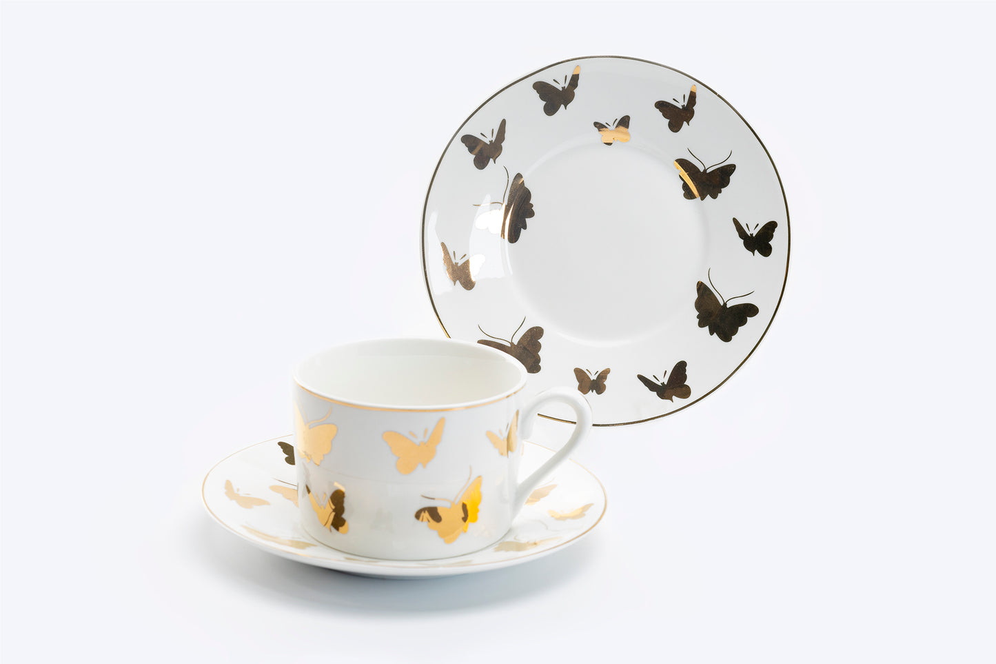 Gold Butterflies Fine Porcelain Tea Cup and Saucer