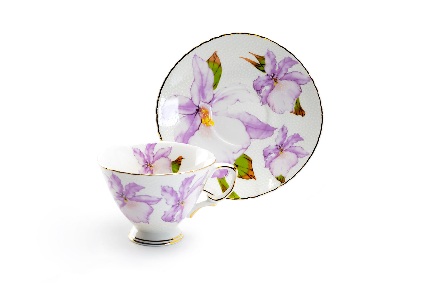 Iris Floral Fine Porcelain Tea Cup and Saucer Set of 4