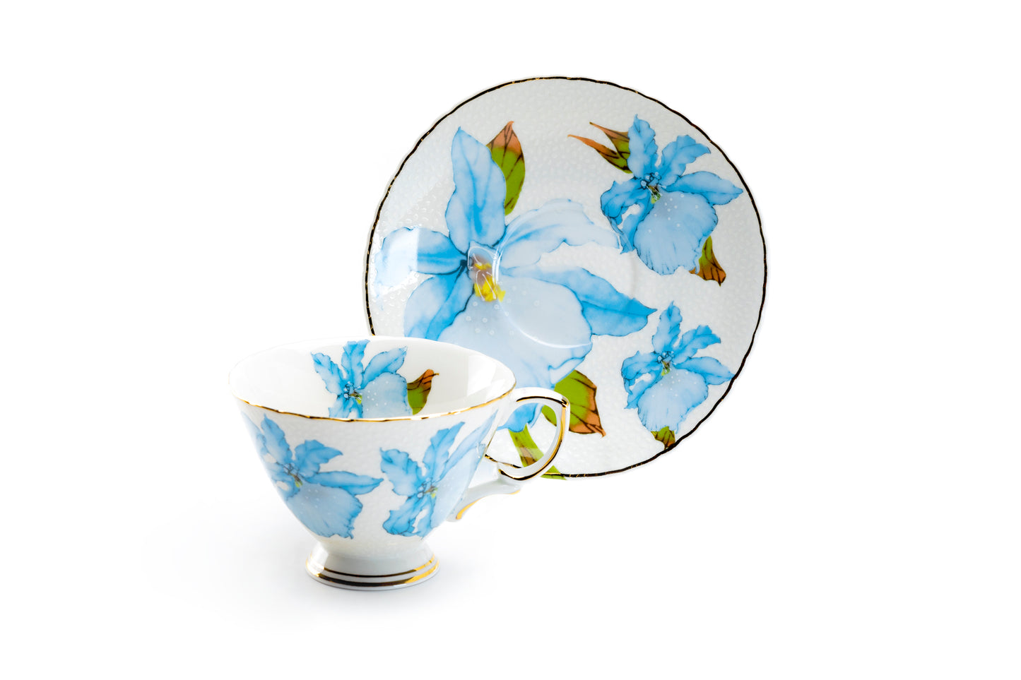Iris Floral Fine Porcelain Tea Cup and Saucer Set of 4