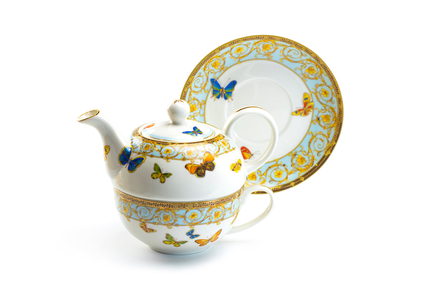 Grace Teaware Butterflies with Blue Ornament Fine Porcelain Tea For One Set